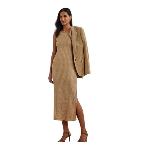 Lauren Ralph Lauren NWT SZ XL Gold Knit Sleeveless Maxi Dress Side Slits Ribbed - Picture 3 of 16